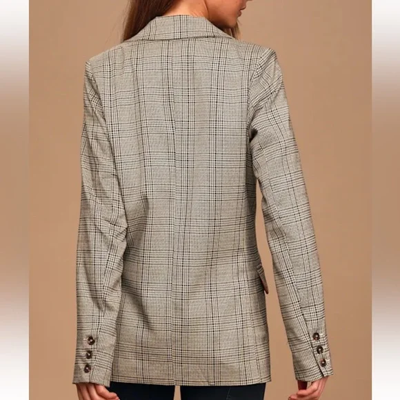 Lulus Making Headlines Beige Multi Plaid Blazer size XS - Picture 4 of 11
